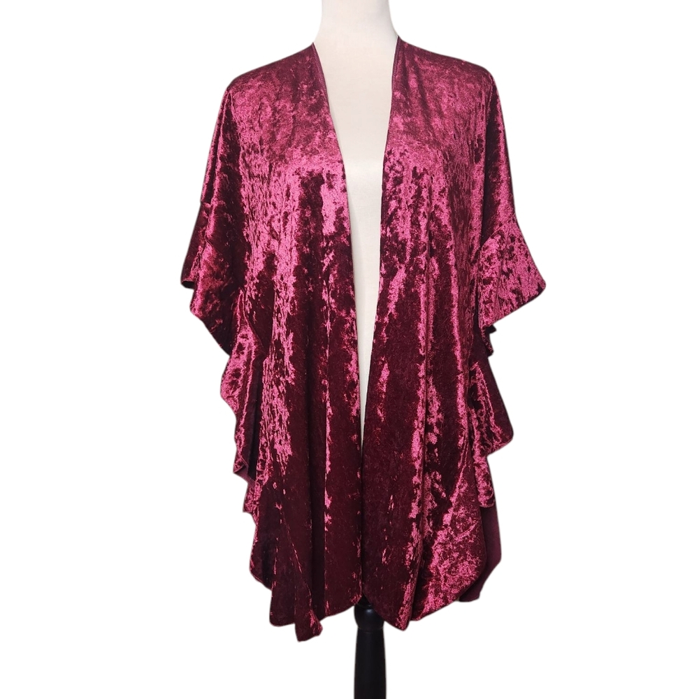 NWT Love of Fashion Crushed Velvet Kimono Drape Cardigan in Burgundy OS